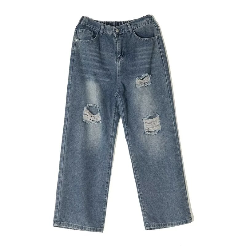 Ripped jeans, American high street fashion brand, straight leg loose long pants, summer slim fit