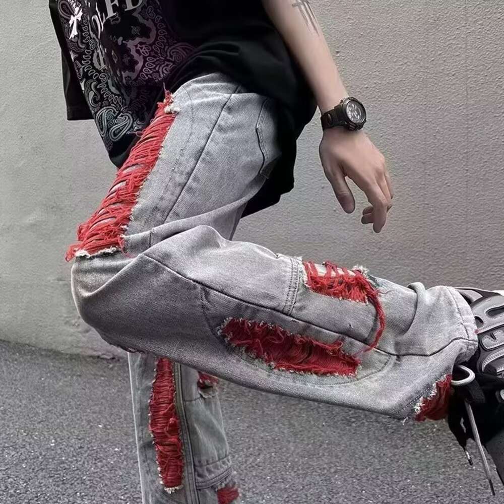 Washed jeans with ripped holes, men's hip-hop explosive pants, high street Instagram trendy brand straight leg pants