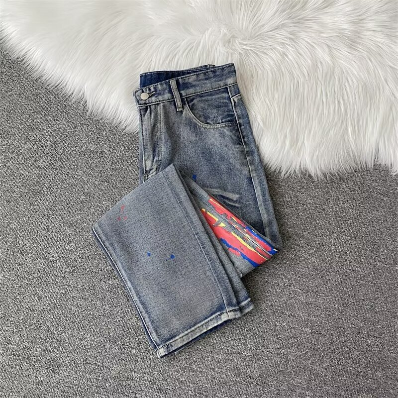 Jeans, men's trendy brand, slim fit, small feet, American high street, handsome, graffiti printed, ripped hole, spring and summer casual long pan