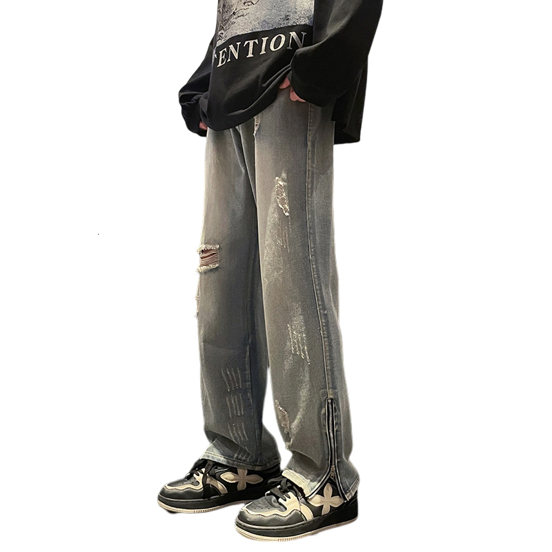 High Street Pant Hem Zipper Fit Slim Ragged Men's Denim Pants
