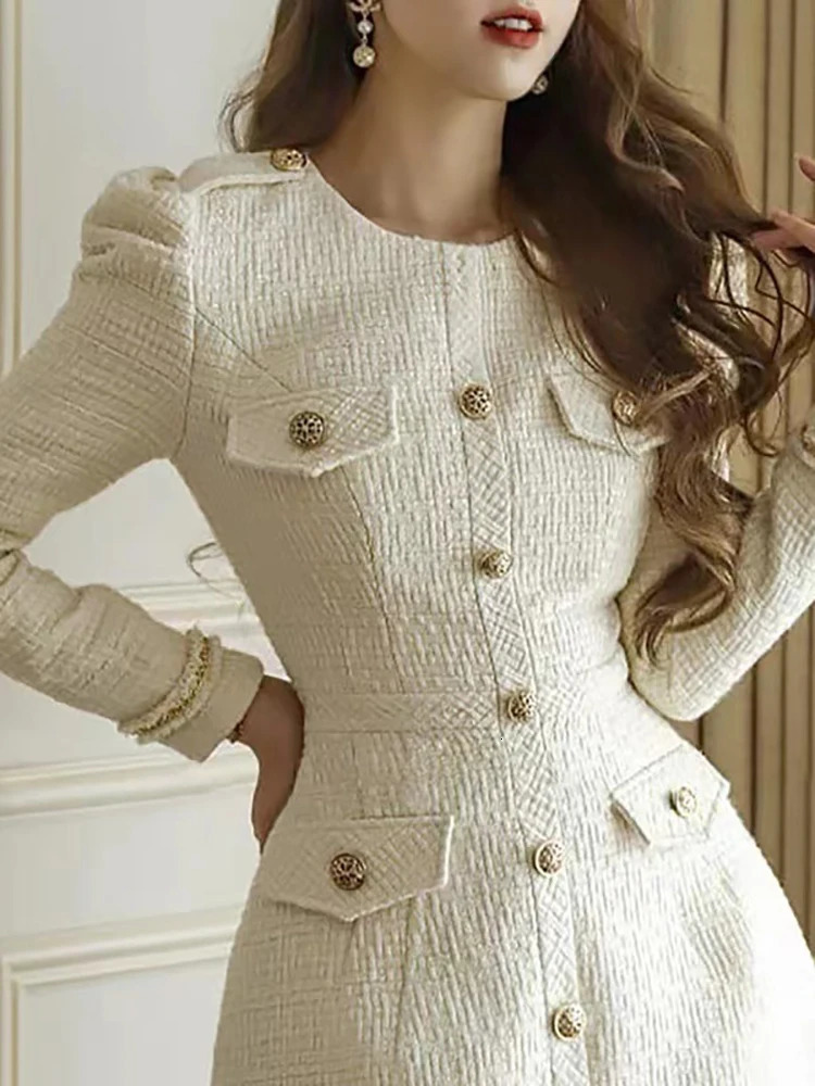 DEAT Womens Fashion Dress O-neck Long Sleeve Tweed Single Breasted High Waist Elegant White Dresses Autumn 13DB3314 240717