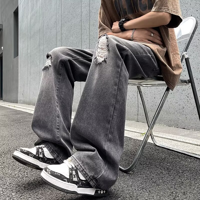 Summer Brand Cloth Piercing Black Grey Jeans Men's Loose Straight Wide Leg Rascal Handsome Large Casual Pants Trendy