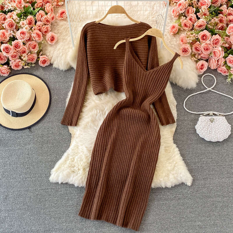 2021 Autumn Loose Round Neck Short Knitted Two Piece Set with Suspended Tank Top Skirt Slim Fit Dress Sexy Dress Short Sexy Temperament Novelty Round 