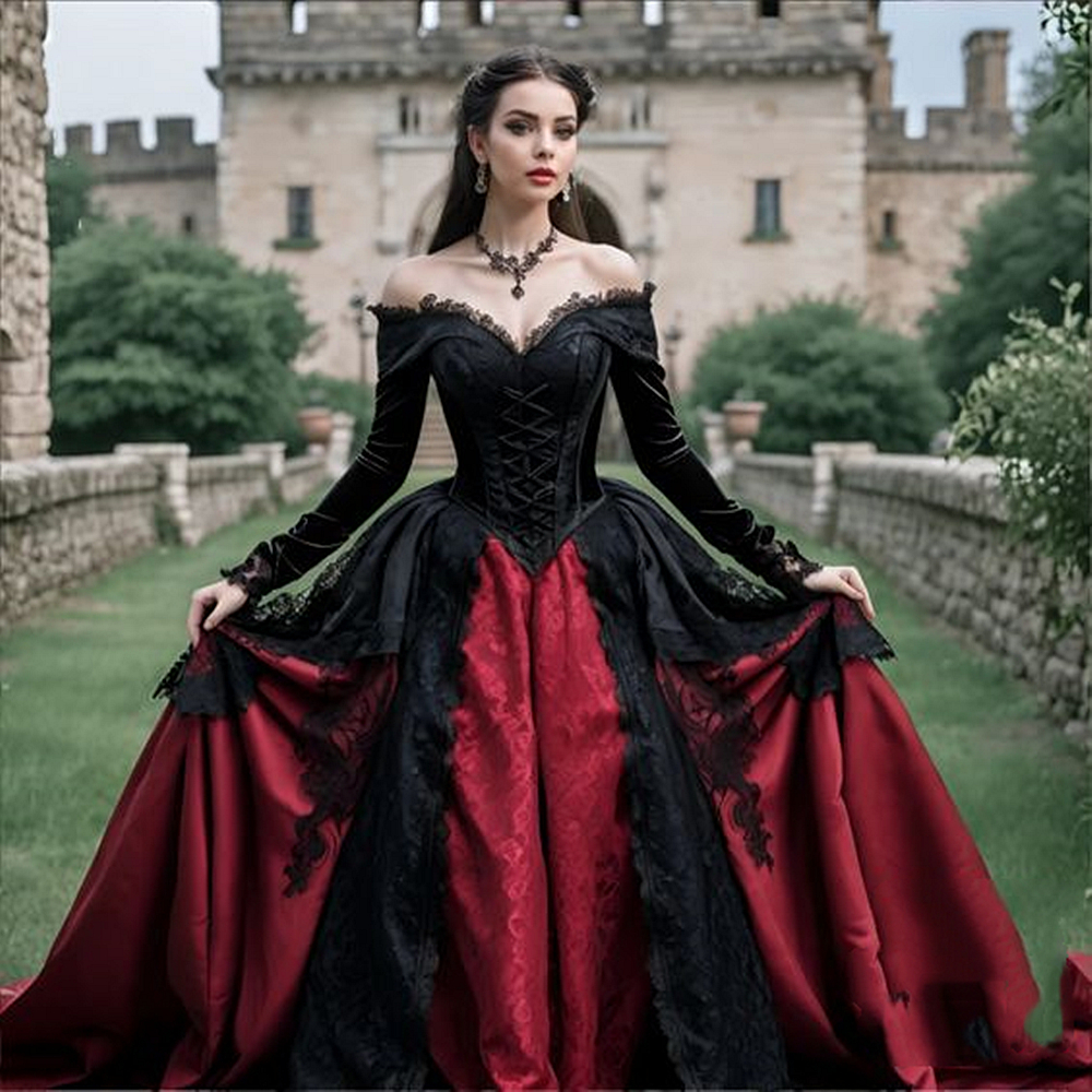 Long Sleeves Corset Princess Wedding Dresses Black And Burgundy Gothic Bridal Gowns Lace Appliques Medieval Women Dress Custom Made