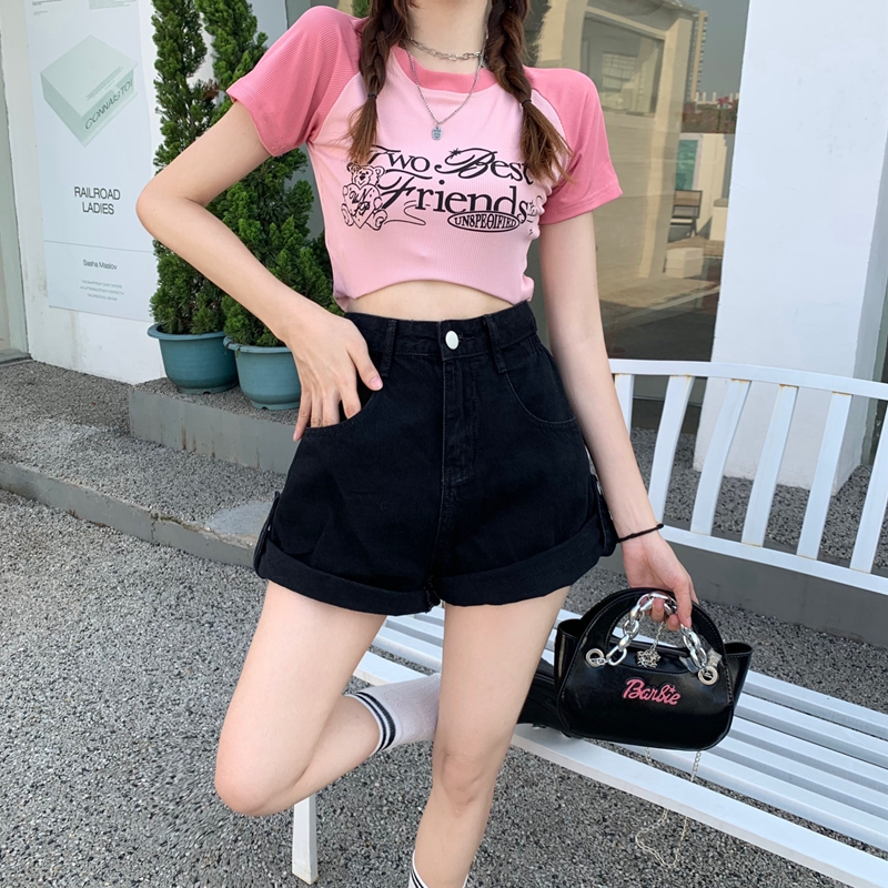 High waisted denim shorts women in summer 2022, thin black design with rolled edges for slimming and loose A-line wide leg hot pants