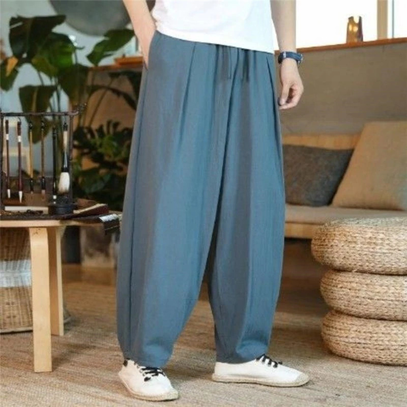 Men Clothes Summer Baggy Hippie Cotton Linen Harem Pants Y2K Male Streetwear Solid Wide Leg Trousers Retro Drawstring Pantalones 240717
