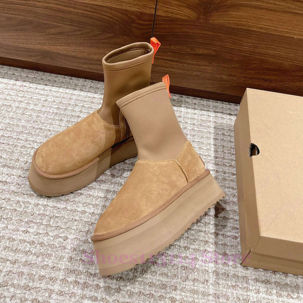 W classic dipper boot fur sheepskin slides snow boots chestnut black winter warm slim booties zippers suede slip on thick platform shoes for womens