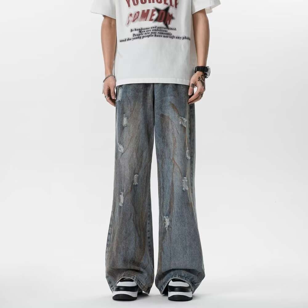 Loose denim men's trendy American high street vibe summer oversize micro flared wide straight leg pants for men