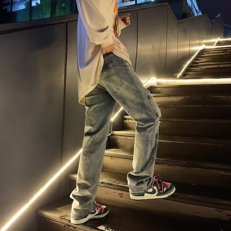 Trendy high street ripped jeans for men, ins with a sense of luxury, loose and casual straight fashion, summer wide leg pants