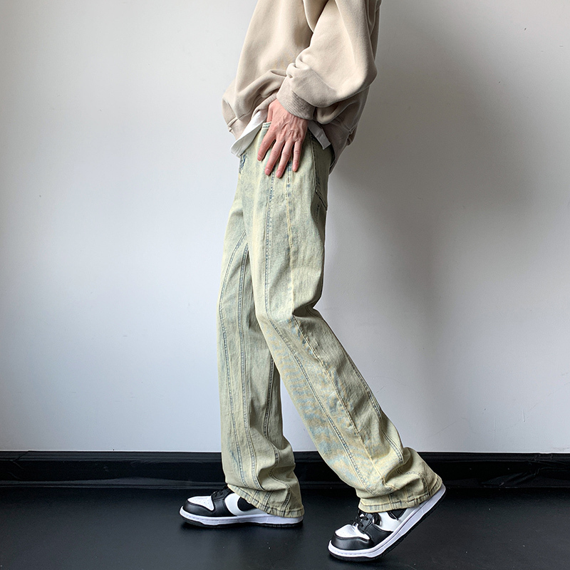 New American high street yellow mud dyed jeans for men, trendy brand straight leg casual pants