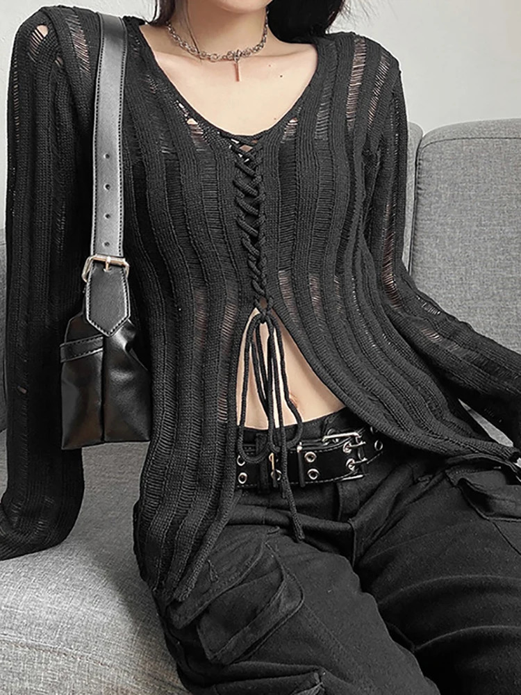 Goth Dark Mall Gothic See Through Bandage Blouse Grunge Black Casual Sexy Knitwear T-shirt Y2k Long Sleeve Streetwear Women Tops 240716