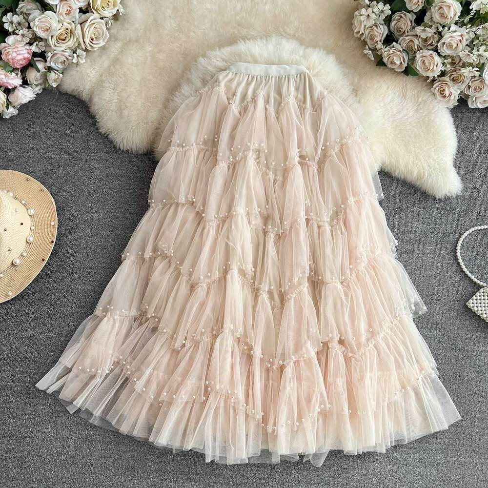 Elastic High Waisted Slimming Mid Length Nail Bead Mesh Lady Cake A-line Gauze Fluffy Skirt for Women Loose Waist Bifurcated Temperament Silk Dress De