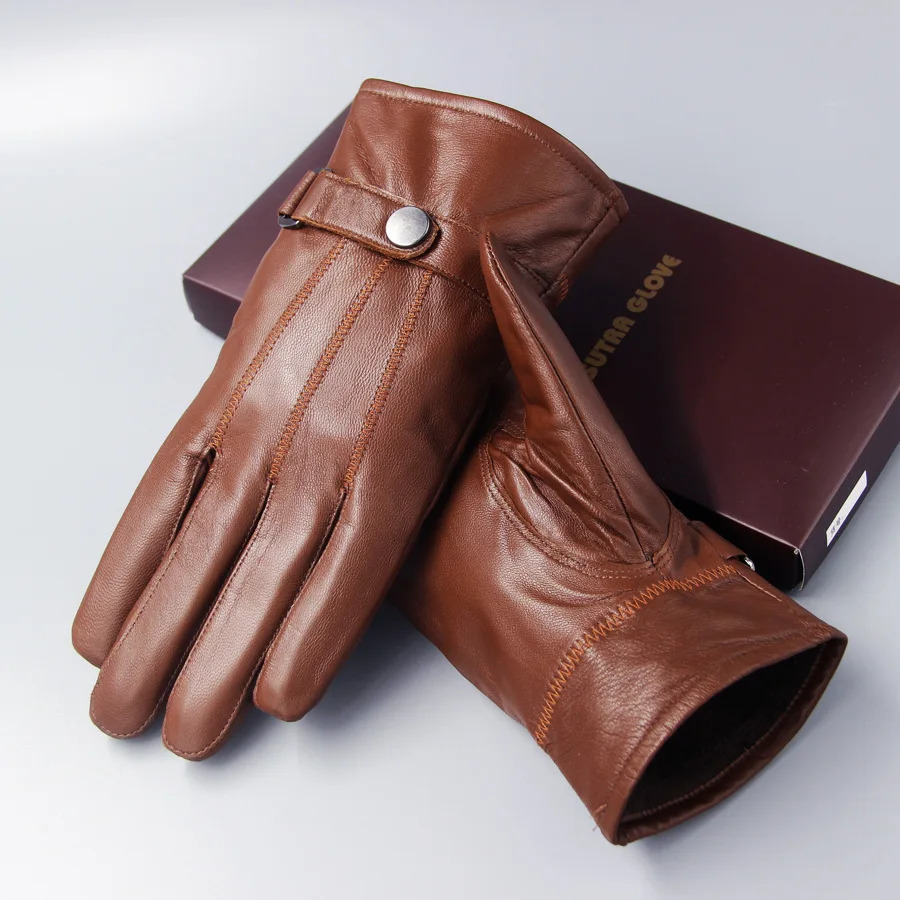 Genuine Leather Gloves Mens Sheepskin Warm Thicken Velvety Hand Muff Winter Bicycle Driving Korean Outdoor Male Mittens H3256 240712