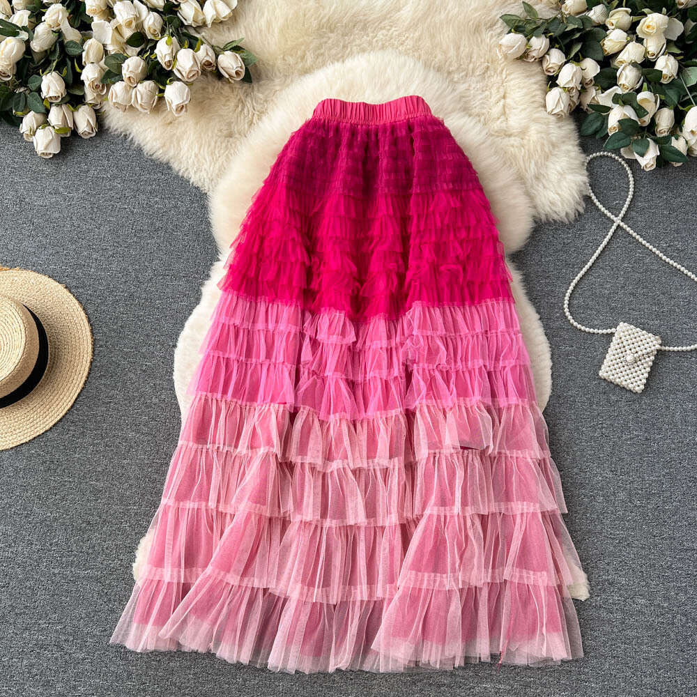 Gradient Irregular Mesh Womens Mid Length Cake Skirt, Fluffy High Waisted, Slimming A-line Fairy Skirt Waist Loose Short Bifurcated Pregnant Womens Dr