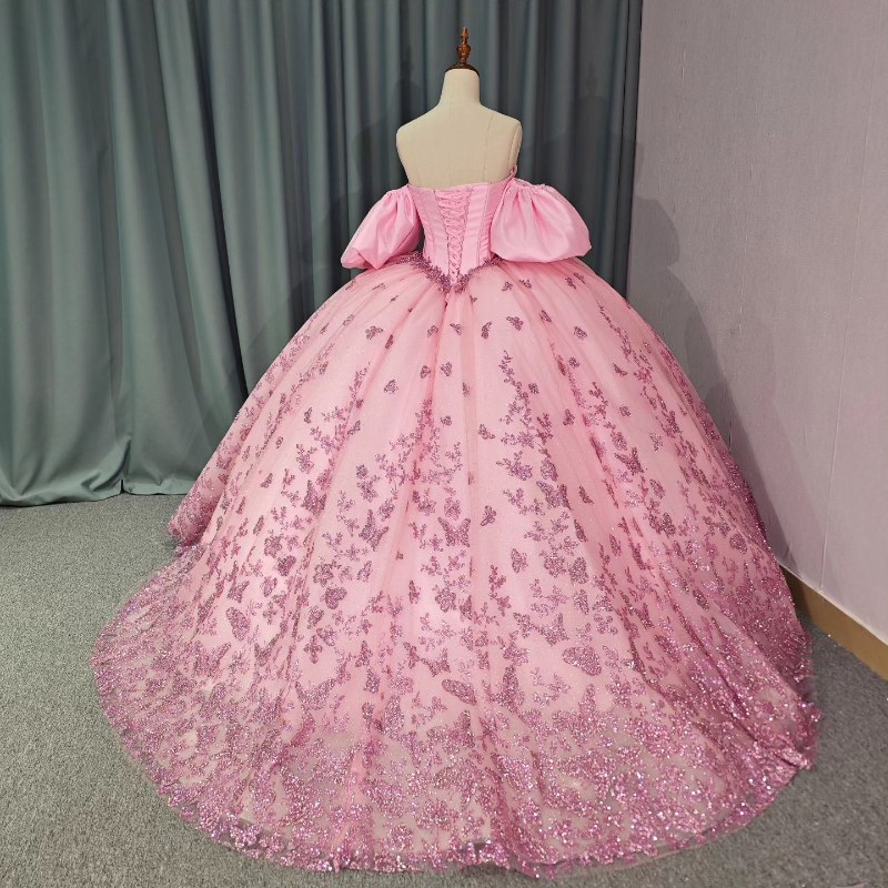Pink Quinceanera Dresses Off Shoulder Gillter Bow Pearls Tull Corset Mexican Birthday Party Sweet 16 Vestido 15 anos