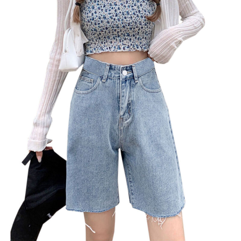 2024 new fringed denim shorts for women, small, light colored, loose, wide legged, high waisted, versatile, straight leg, five inch mid length pants