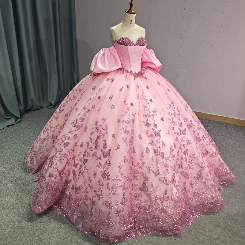 Pink Quinceanera Dresses Off Shoulder Gillter Bow Pearls Tull Corset Mexican Birthday Party Sweet 16 Vestido 15 anos