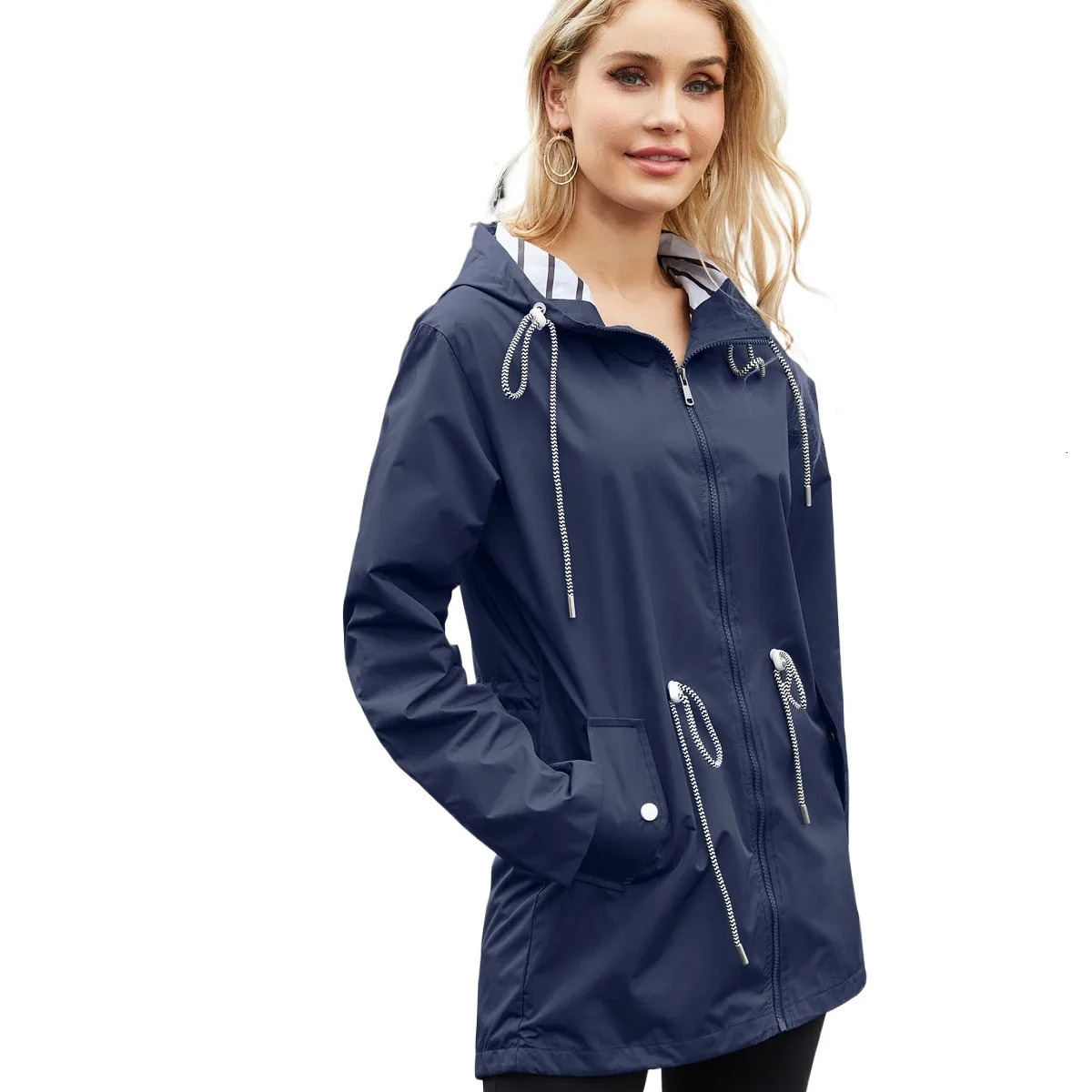 Womens Waterproof Raincoat Casual Basic Outdoors Trench Classic Zipper Long Windbreaker Outdoor Climbing Hooded Tops 240715