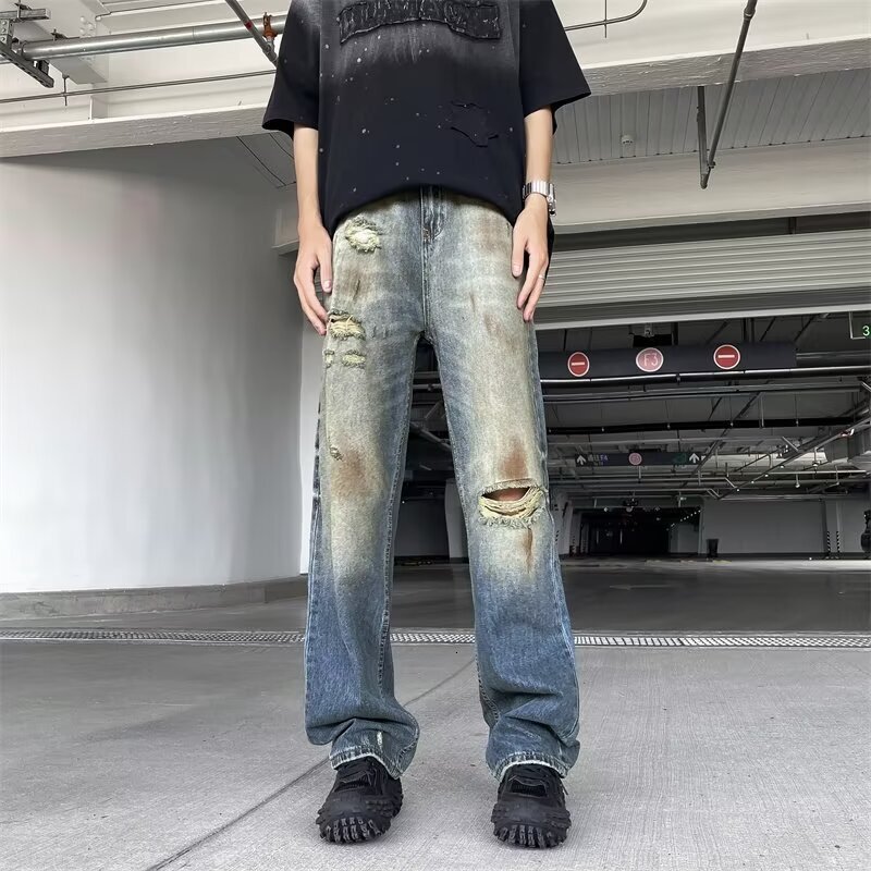 Jeans soft and loose straight wide leg American trendy brand workwear casual pants men's style
