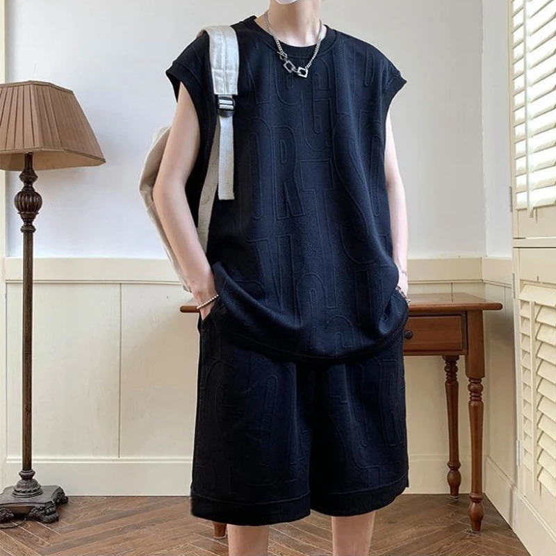 Two Piece Set Men Trendy High Street Sleeveless Oversize Tank Tops Y2K Solid Round Neck Sports Vest Casual Shorts Tracksuit Suit 240715