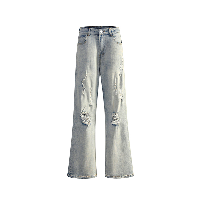 2024Spring and Autumn Mud Dyeing Elastic Hole Explosion Small Straight Pants High Street Clean Fit Trendy Brand Jeans Men