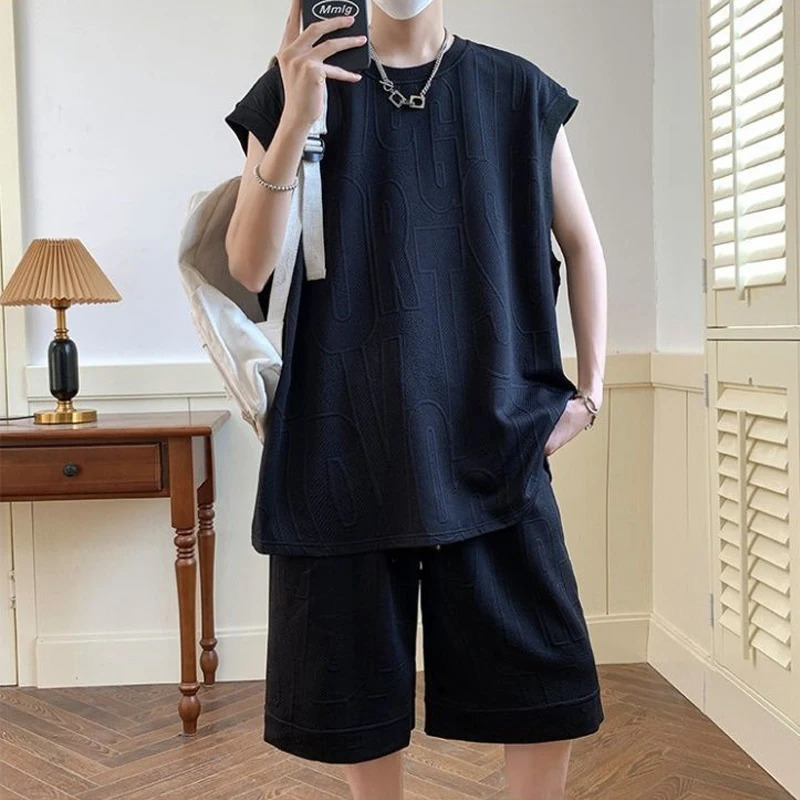 Two Piece Set Men Trendy High Street Sleeveless Oversize Tank Tops Y2K Solid Round Neck Sports Vest Casual Shorts Tracksuit Suit 240715
