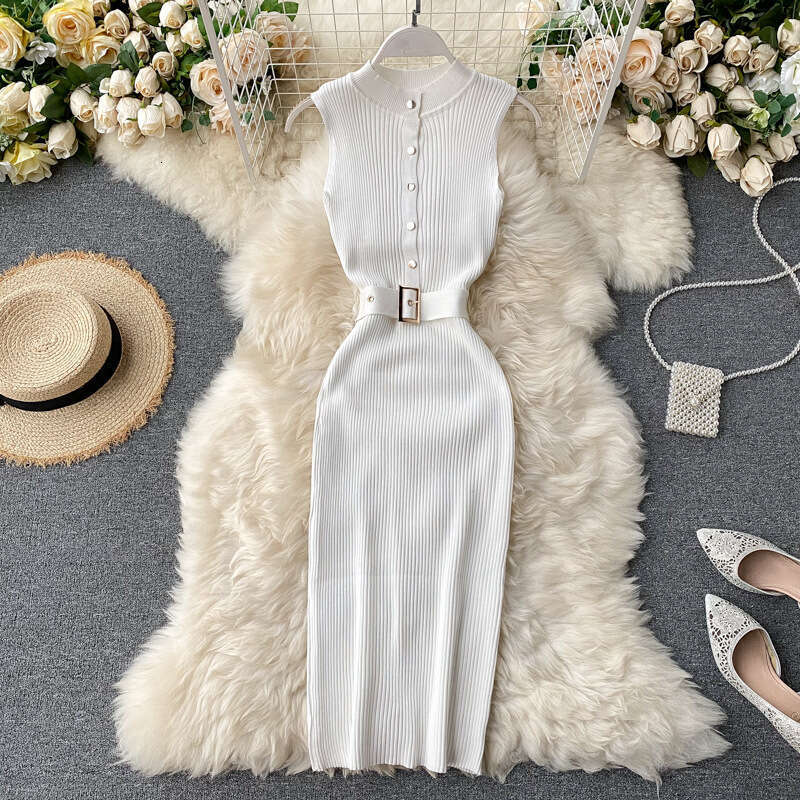 Dress Womens 2022 New Buckle Lace Up Waist and Lifting Elastic Knitted Sleeveless Sexy Wrapped Hip Skirt Waist Loose SKINNY DRESS Denim Dress
