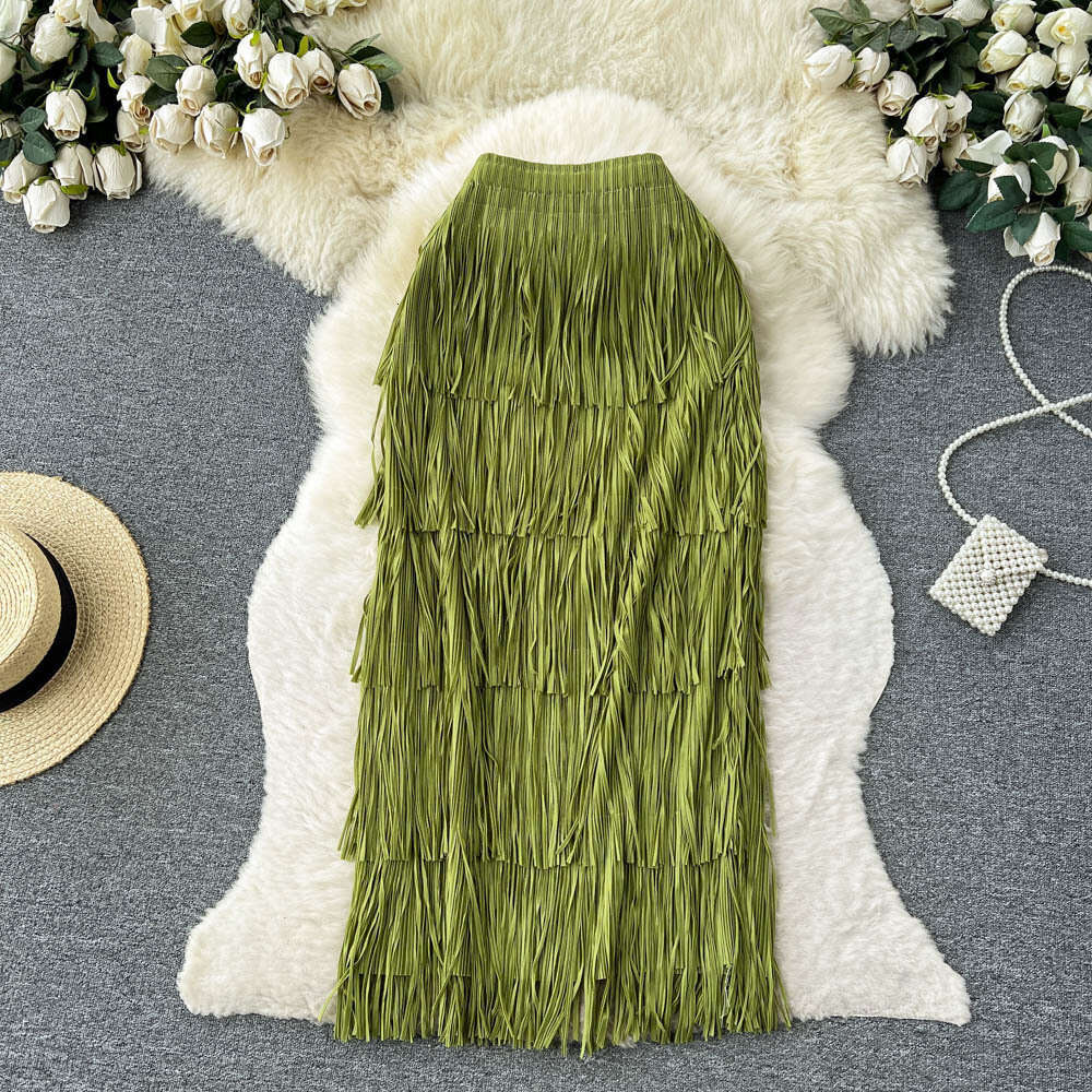Summer New Pleated Red Tassel Niche Design, High-end Cake with A Slim Waist and Buttocks Wrapped Skirt Sexy Self-cultivation Novelty Denim Dress Overs