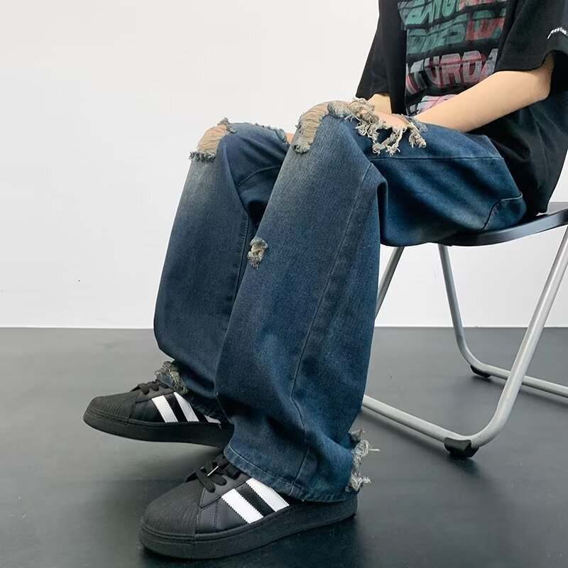 Outdated, ripped design, floor length jeans, summer niche fashion brand, high street loose and versatile beggar wide leg pants