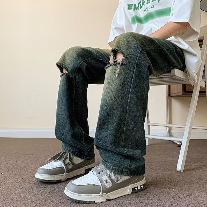 Broken hole jeans men's summer new style American high street design sense niche vintage washed loose straight leg long pants