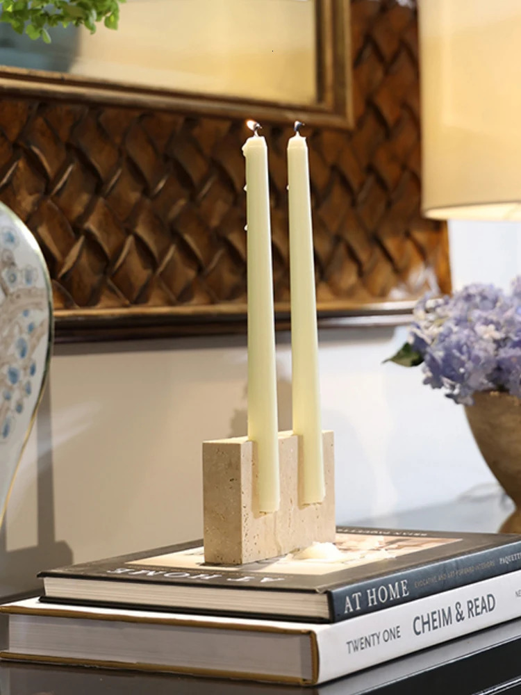 2 Holes Marble Candlestick Holder for Wedding Dinning Party Vintage Travertine Stone Taper Candle Table Centerpiece 240712