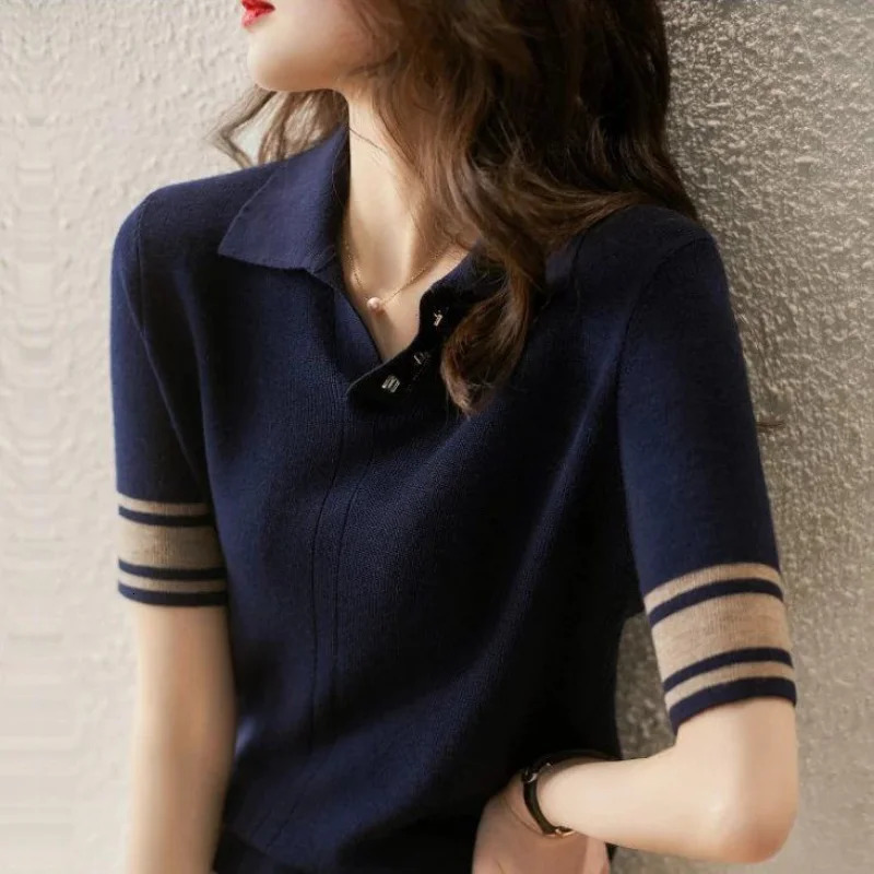 Short Sleeve Polo Shirts Woman Black Women Vintage Sweatshirt Flower Knitted Korean Shirt High Quality Top Cotton 240713