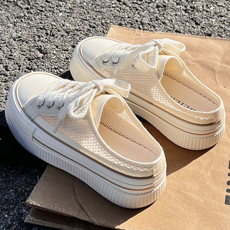 CCA-Limited Time Offer-Half Drag Summer Breathable Little White Woman 2023 One Pedal Canvas Shoes Niche Half Slippers XZ-2127