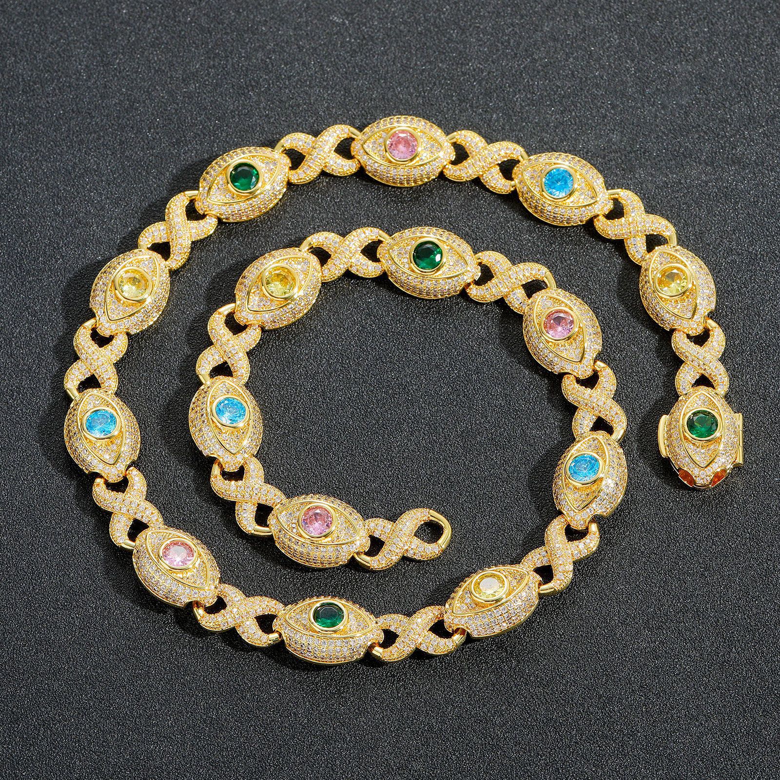 Hip Hop Colorful Eye Cuban Chain Necklace Bracelets 5A Zircon Mens Jewelry Set
