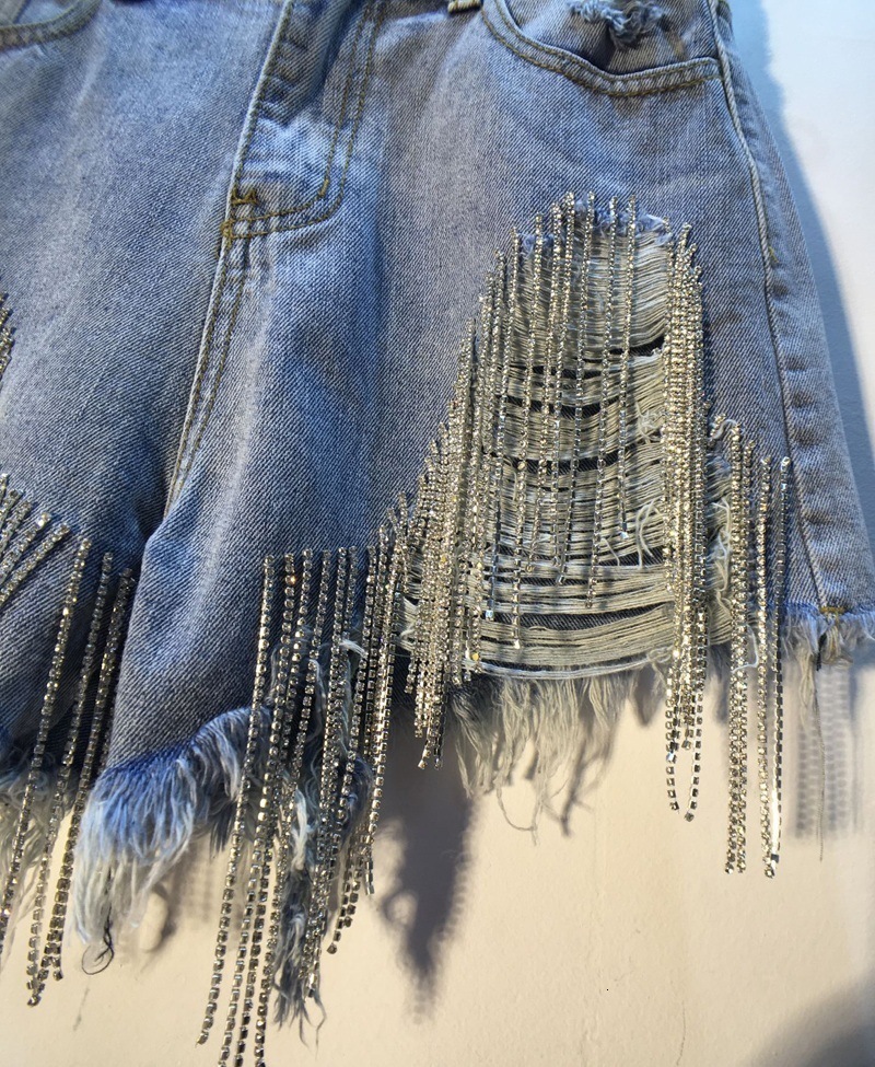 Summer Sexy Diamond Crystal Rhinestone 3XL High Waist Tassel Ripped Jean Denim For Shorts Women