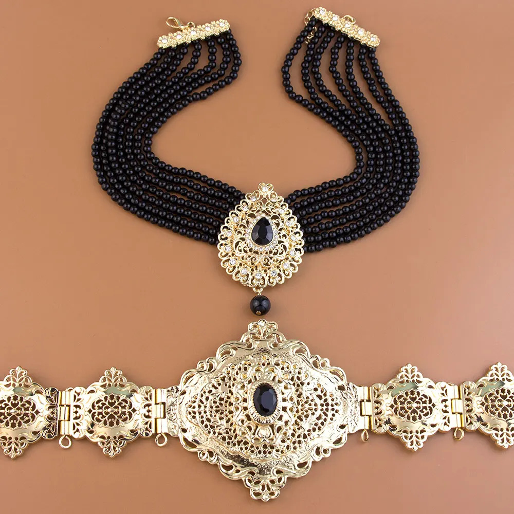 Sunspicems Chic Arabic Caftan Belt Choker Necklace Black Crystal Waist Chain Gold Color Morocco Bride Jewelry Beads 240709