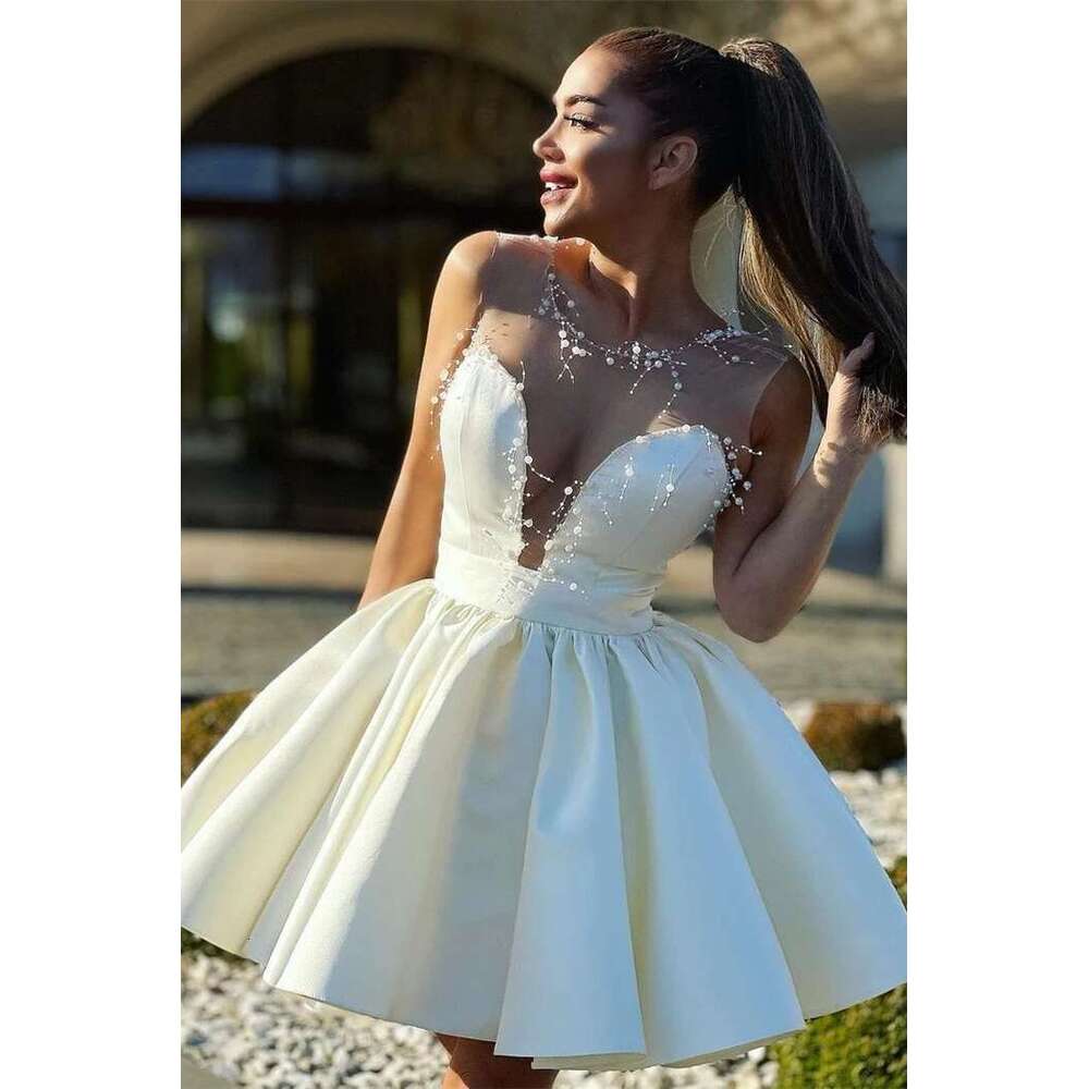 Neck Homecoming Sheer 2024 Dresses Beading Zipper Back Graduation Party Gowns With Pockets Ruched A Line Tail Short Prom Dress Bc14604 BM4005