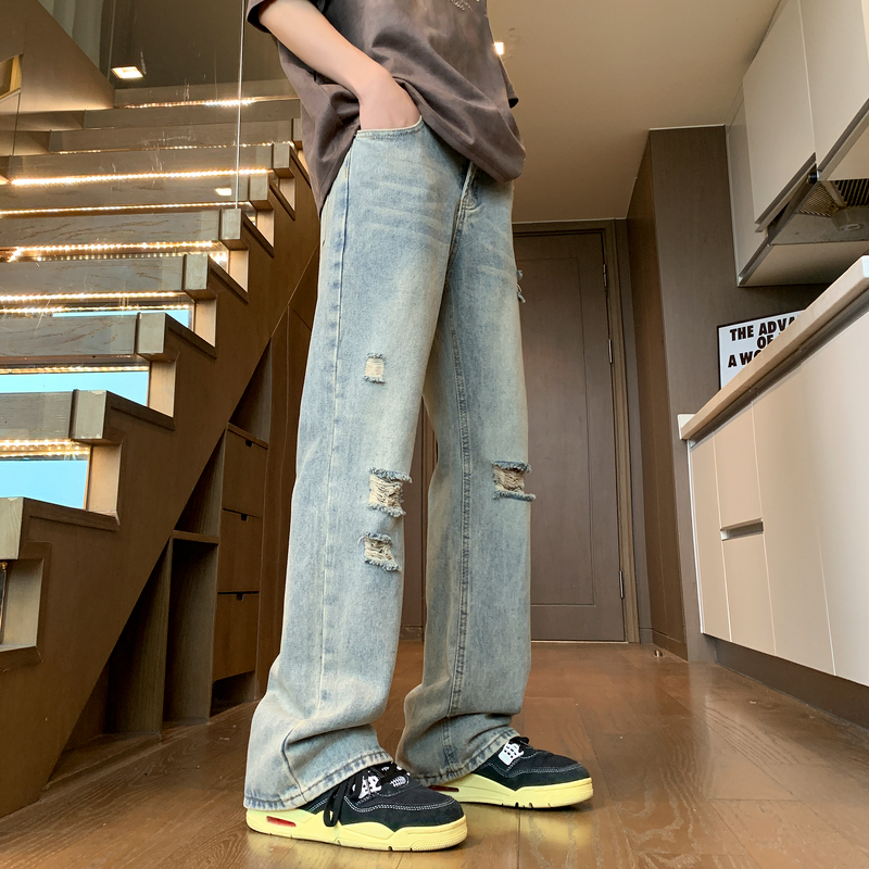 American style slightly spicy denim jeans men's perforated summer thin Vibe casual curved knife pants