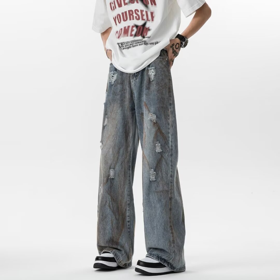 Loose denim men's trendy American high street vibe summer oversize micro flared wide straight leg pants for men