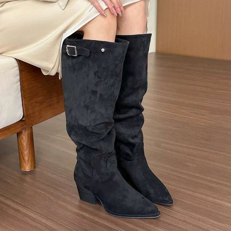 HBP spicy girl khaki pointed toe thick heel pile up long boots for women in autumn 2024 heel hight 6-8cm