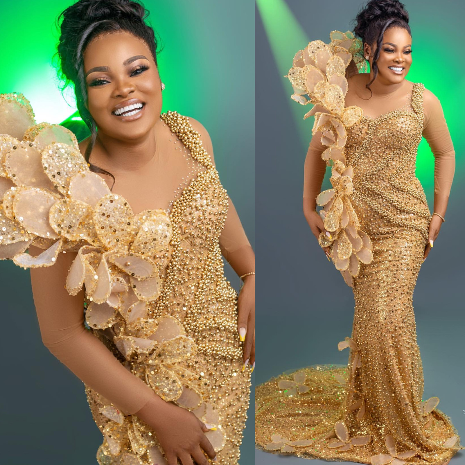 2024 Plus Size Gold Illusion Mermaid Prom Dress Fulllace Promdress Florals Beaded Evening Formal Party Second Reception Birthday Engagement Gowns Dres