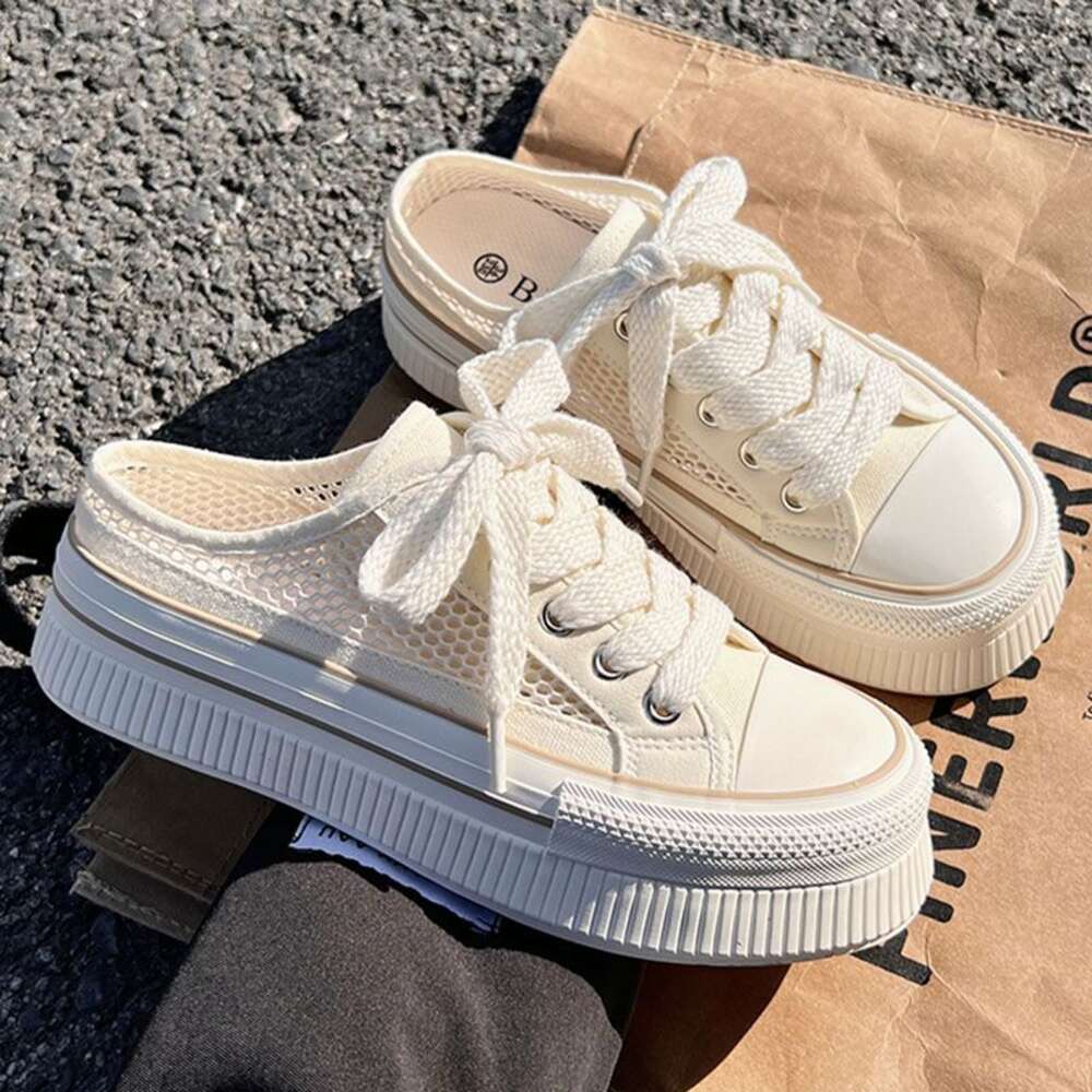 CCA-Limited Time Offer-Half Drag Summer Breathable Little White Woman 2023 One Pedal Canvas Shoes Niche Half Slippers XZ-2127