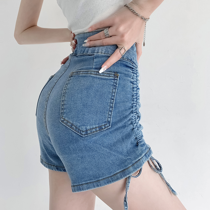 Fashionable high waisted thin denim shorts two button buttons women, elastic slim fit with wrapped arms, slimming hot pants for students, Korean style
