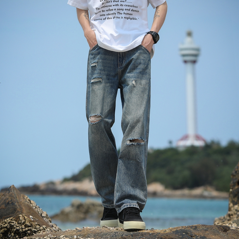 Ice jeans for thin, trendy brand straight tube loose fit men, ice silk wide leg summer casual pants