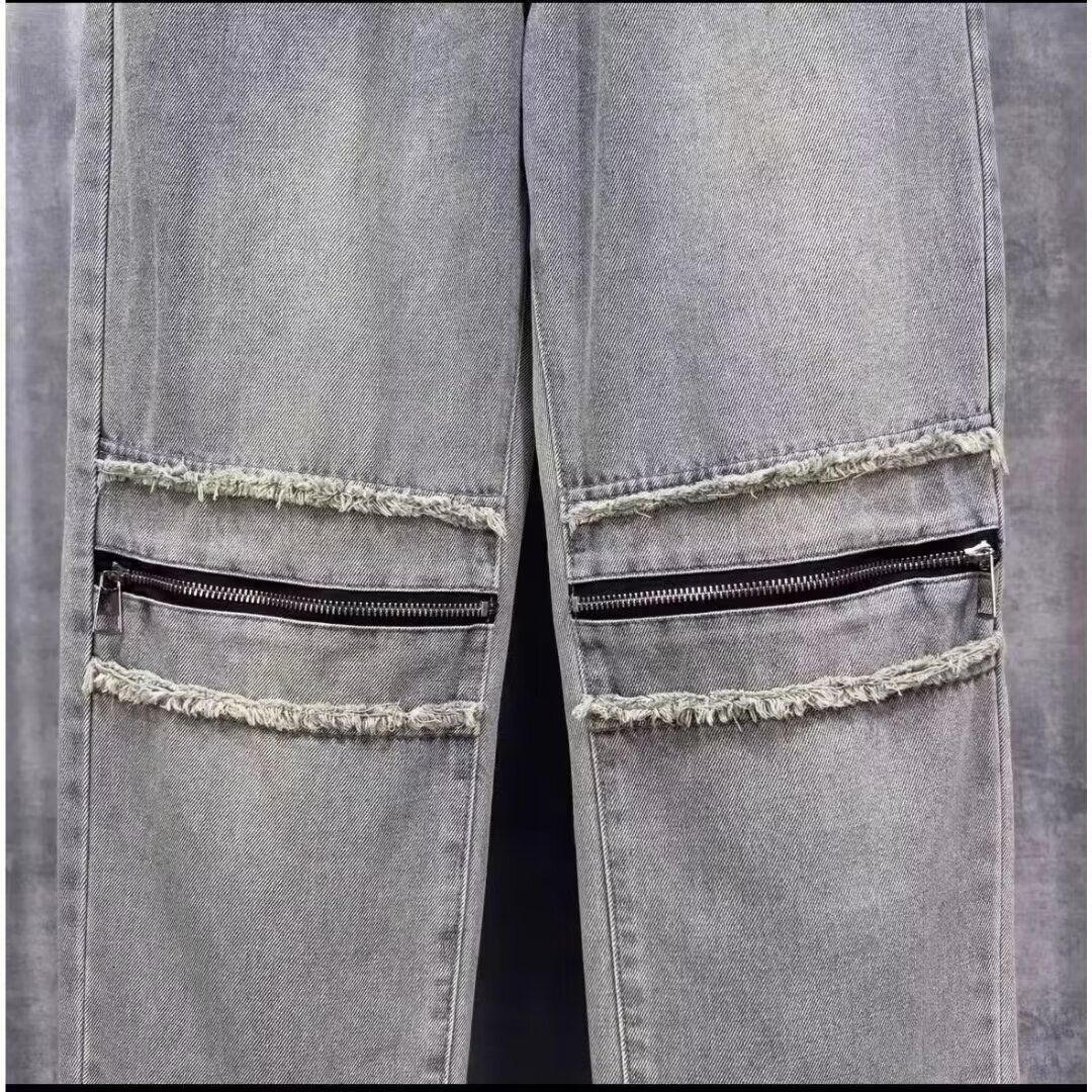 2024American washed pants, high street ripped jeans, men's straight leg loose and high-end beggar pants