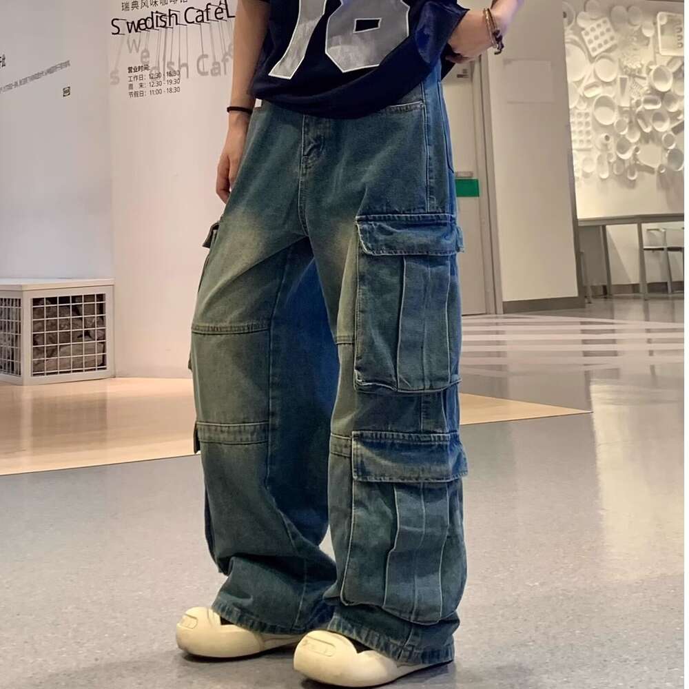 American style multi pocket workwear jeans for women in summer, street design, loose slimming, high waist and wide leg pants