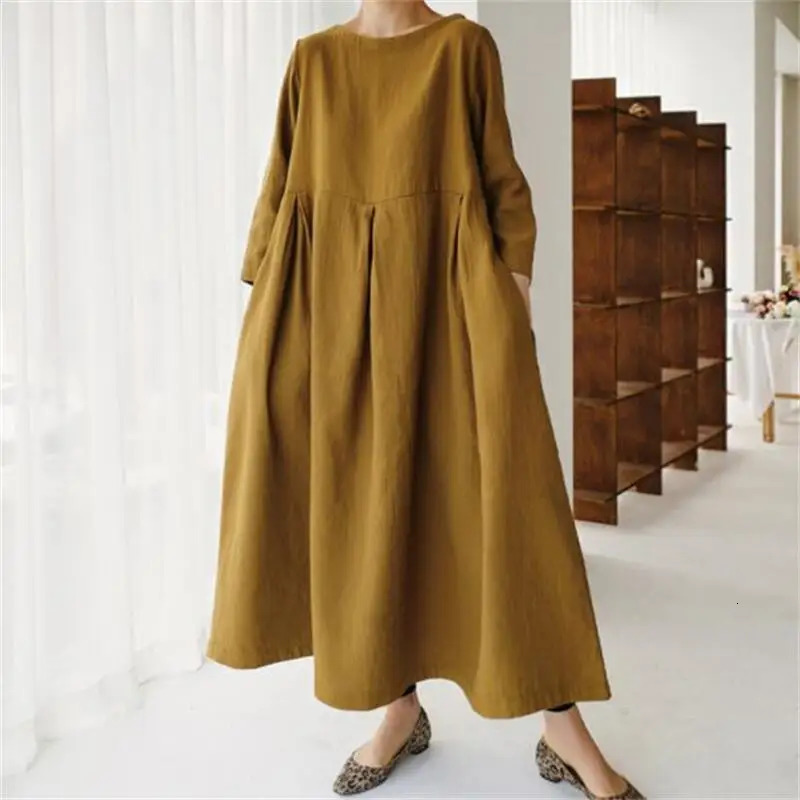 Loose Casual Cotton Linen Dresses for Women Longsleeved Round Neck Vintage Simple Solid Colour Female Holiday Beach Long Dress 240717