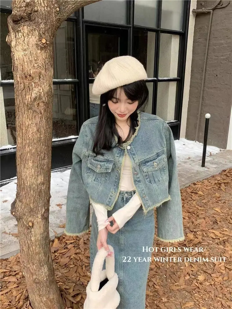Women Denim Coat Skirt 2 Piece Sets Retro Tassel Outerwear Autumn Long Sleeve Jacket High Waist Jean Skirt Suits Female Outfits 240715