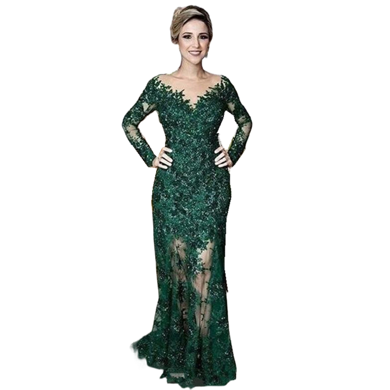 Glitter Sequins Lace Mother Of The Bride Dresses Long Sleeves Dark Green Mermaid Elegant Wedding Party Gown For Groom Mom Illusion V-Neck Evening Form