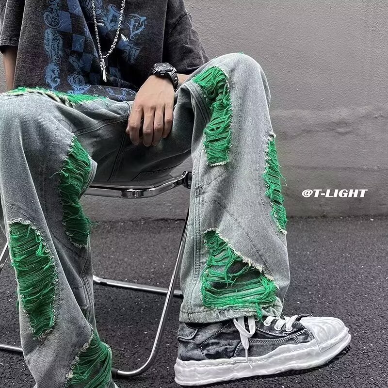Washed jeans with ripped holes, men's hip-hop explosive pants, high street Instagram trendy brand straight leg pants